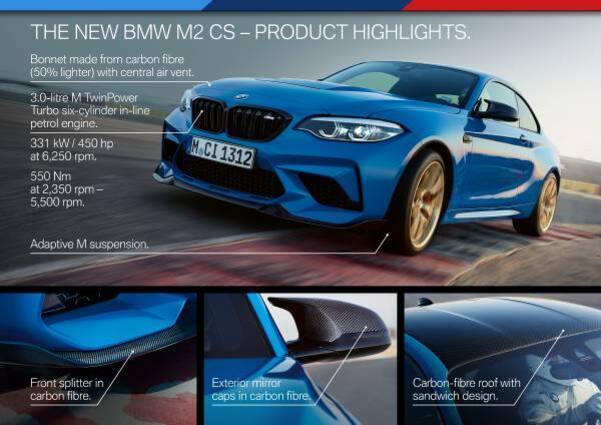 파란색 BMW M2 CS 차량이 도로를 주행 중이며, 카본 파이버 보닛과 루프, 프론트 스플리터 및 사이드 미러 캡 등 주요 특징을 강조하는 제품 하이라이트 이미지.