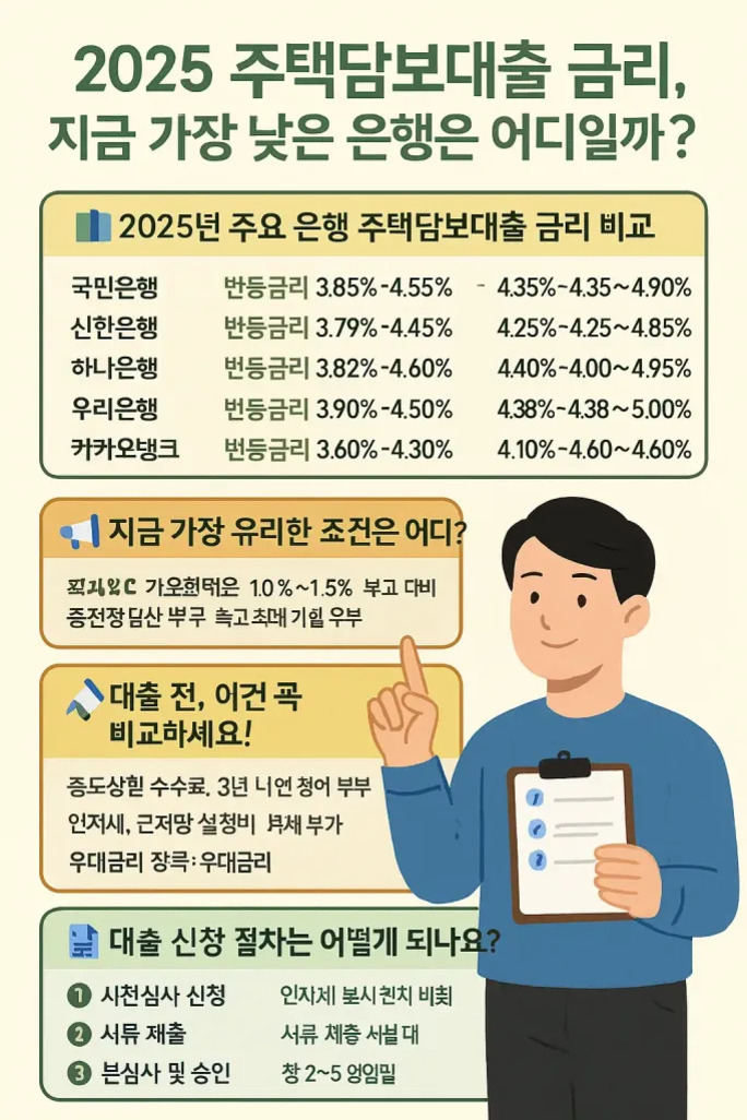 2025년 주택담보대출 금리 비교 안내 이미지. 국민은행, 신한은행, 하나은행, 우리은행, 카카오뱅크의 변동금리 및 고정금리 구간이 표로 정리되어 있다. 가장 유리한 조건, 대출 전 비교사항(중도상환 수수료, 인지세 등), 대출 신청 절차(사전심사 신청, 서류 제출, 심사 및 승인)도 설명되어 있으며 남성이 손가락을 들어 설명하는 일러스트가 있다.