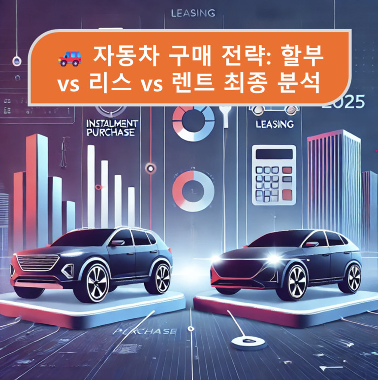 자동차 두 대가 각각 할부와 리스, 렌트 옵션을 상징하는 그래픽 위에 놓여 있고, 배경에는 차트와 계산기 아이콘이 있으며 상단에는 '자동차 구매 전략: 할부 vs 리스 vs 렌트 최종 분석'이라는 문구가 적혀 있다.