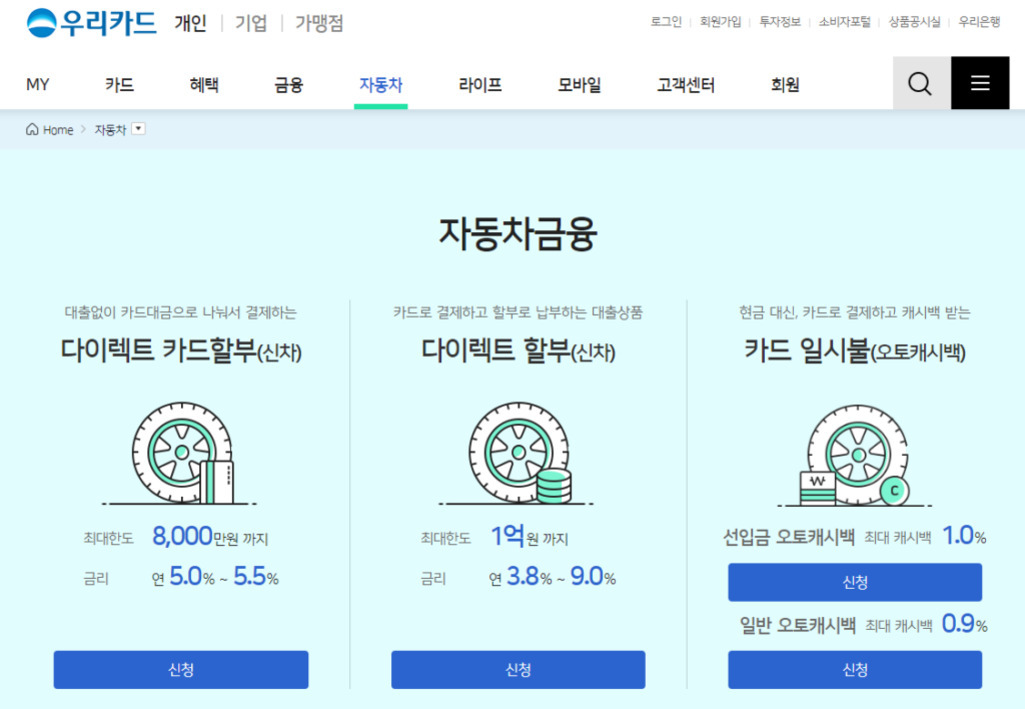 우리카드 자동차금융 상품 안내 페이지로, 다이렉트 카드할부(신차), 다이렉트 할부(신차), 카드 일시불(오토캐시백) 등 세 가지 상품의 최대한도, 금리, 캐시백 정보와 신청 버튼이 나와 있다.