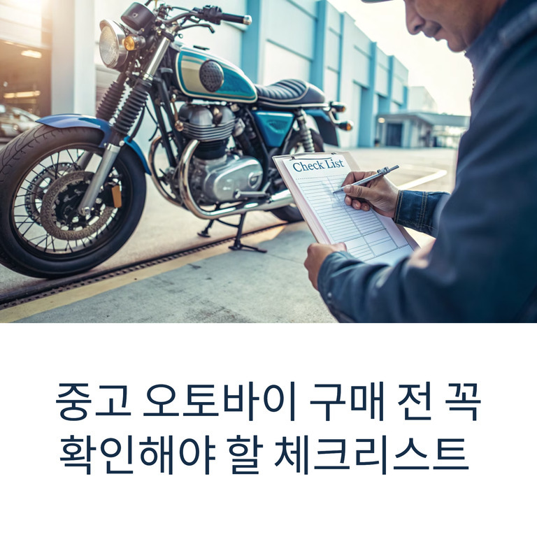 사람이 중고 오토바이 앞에서 체크리스트를 작성하고 있으며, 아래에는 '중고 오토바이 구매 전 꼭 확인해야 할 체크리스트'라는 문구가 적혀 있다.