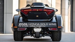 2026 혼다 골드윙 모터사이클의 후면 모습. 번호판 위치에 '2026 HONDA GOLD WING THE ULTIMATE TOURING MOTORCYCLE' 문구가 적혀 있다.