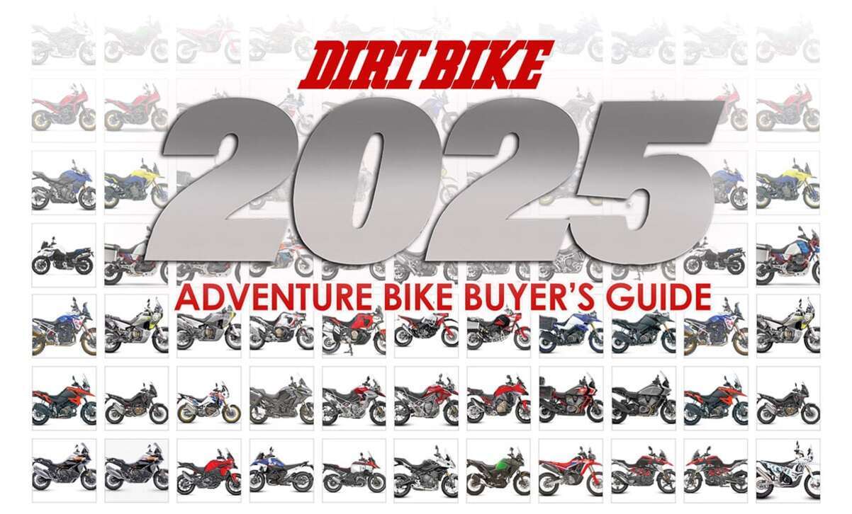 여러 대의 오토바이 사진을 배경으로 'DIRT BIKE 2025 ADVENTURE BIKE BUYER'S GUIDE'라는 글자가 크게 쓰인 표지 이미지