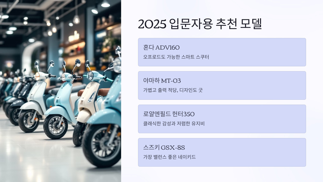 여러 대의 스쿠터가 진열된 매장 내부 이미지와 함께, 2025 입문자용 추천 모델로 혼다 ADV160, 야마하 MT-03, 로얄엔필드 헌터350, 스즈키 GSX-8S에 대한 설명이 나열되어 있다.