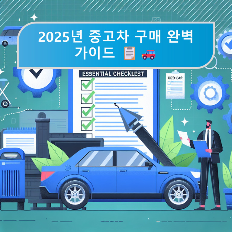 2025년 중고차 구매 완벽 가이드라는 문구와 함께 체크리스트, 파란색 자동차, 서류를 든 남성 캐릭터가 그려진 일러스트