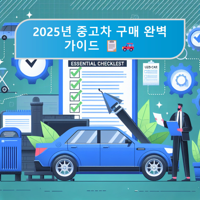2025년 중고차 구매 완벽 가이드라는 문구와 체크리스트, 파란색 자동차, 서류를 든 남성 일러스트가 있는 이미지