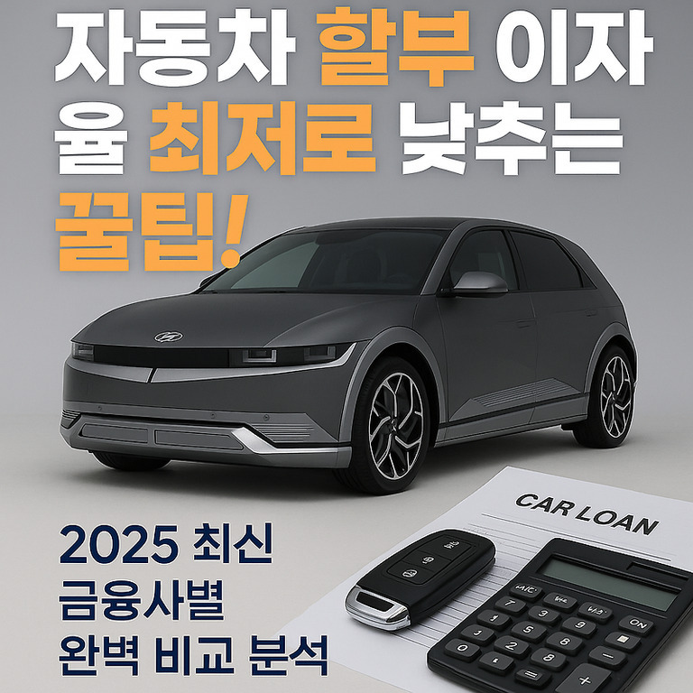 회색 자동차와 자동차 키, 계산기, 'CAR LOAN' 문서가 놓여 있고, 상단에 '자동차 할부 이자율 최저로 낮추는 꿀팁!'이라는 큰 글씨와 하단에 '2025 최신 금융사별 완벽 비교 분석'이라는 문구가 적혀 있는 이미지