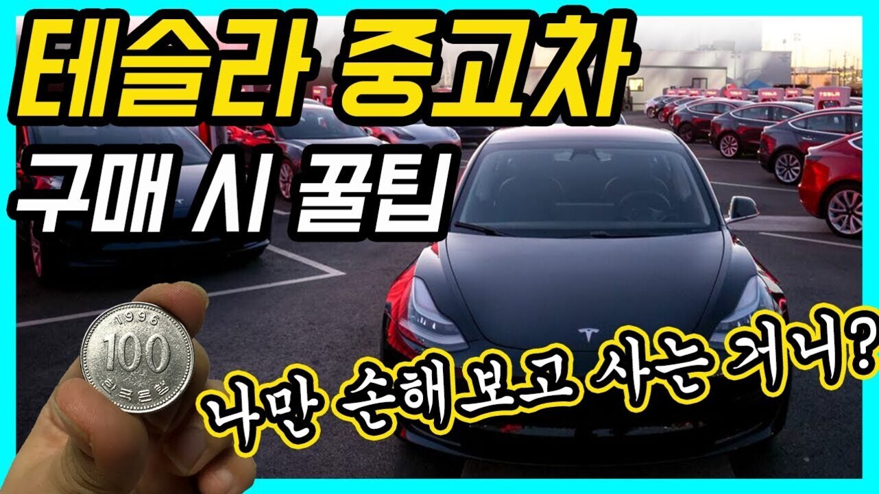 테슬라 중고차들이 주차장에 줄지어 있고, 앞에는 100원짜리 동전을 든 손이 보임. 상단에는 '테슬라 중고차 구매 시 꿀팁'이라는 큰 글씨와 하단에 '나만 손해보고 사는 거니?'라는 문구가 있음.