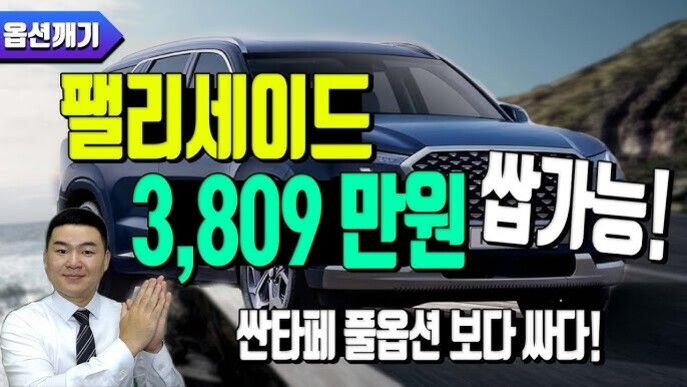 파란색 현대 팰리세이드 차량이 배경에 있고, 왼쪽 하단에는 정장을 입은 남성이 박수를 치는 포즈를 하고 있다. 큰 노란색과 흰색 글씨로 '팰리세이드 3,809만원 쌉가능! 싼타페 풀옵션 보다 싸다!'라는 문구가 적혀 있다.
