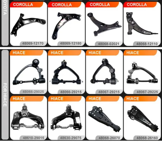 토요타 코롤라 및 하이에이스 차량 부품(서스펜션 암 등)이 각 모델명과 파트 번호와 함께 배열된 이미지