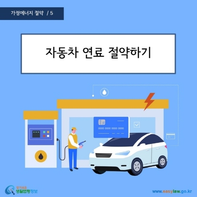 자동차 연료 절약하기라는 문구와 함께 주유소에서 차량에 연료를 넣는 사람의 일러스트가 있는 이미지