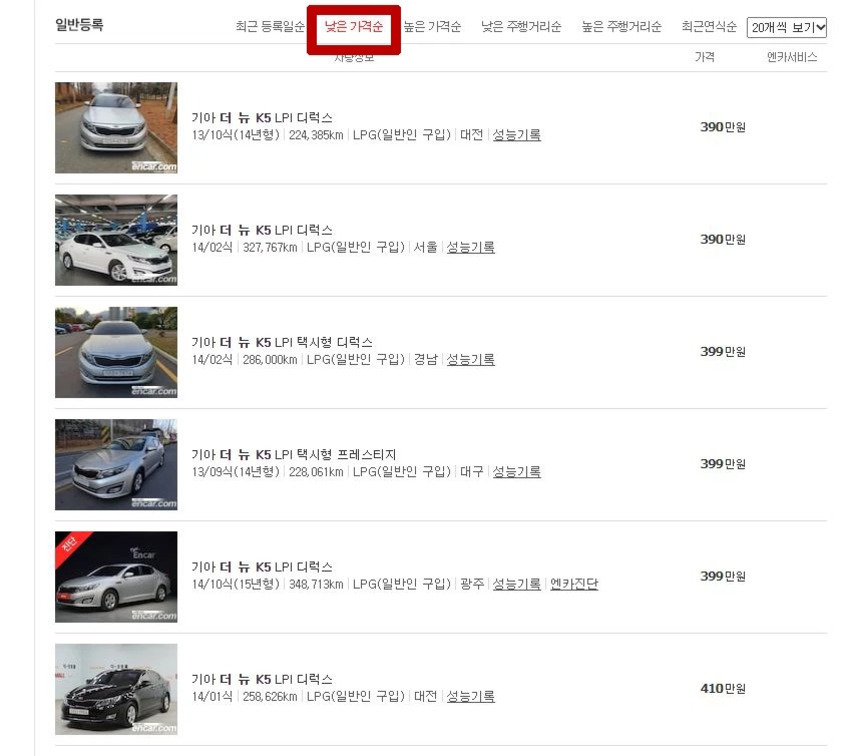 자동차 중고 매물 목록 화면으로, 기아 더 뉴 K5 LPI 차량들이 연식, 주행거리, 지역 정보와 함께 가격이 나열되어 있다. 상단에는 '낮은 가격순' 정렬이 선택되어 있음.